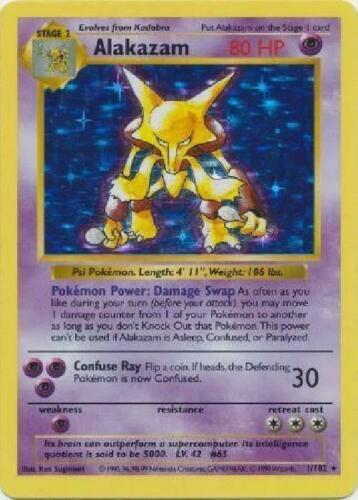 Alakazam 1/102 Holo Rare Base Set Shadowless Pokemon Card