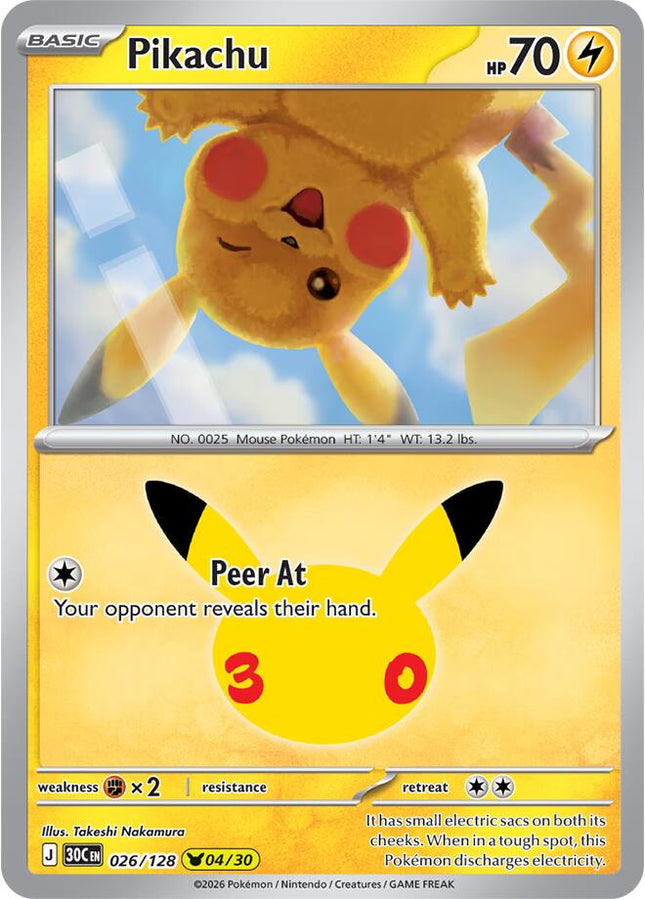 Pikachu 026/128 Pikachu 04/30 Anniversary Holo 30th Celebration Pokemon Card