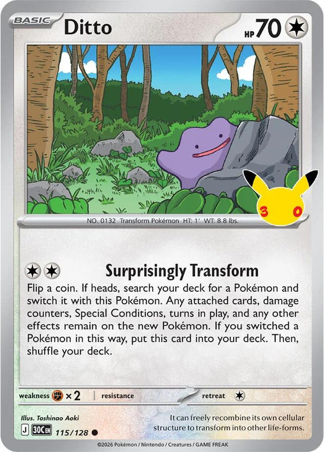 Ditto 115/128 Anniversary Holo 30th Celebration Pokemon Card