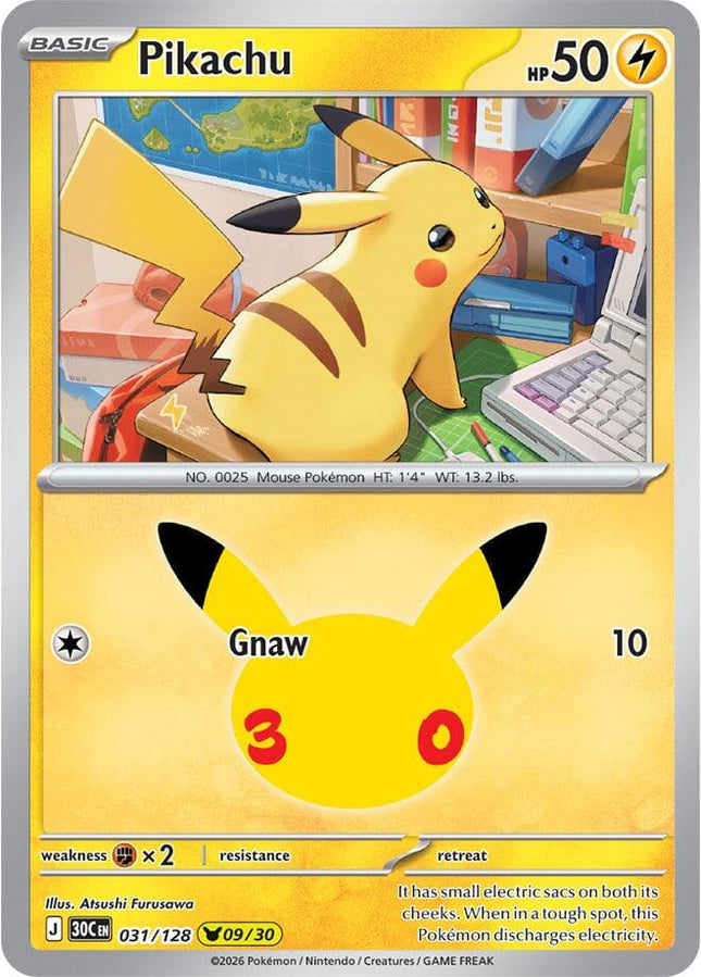 Pikachu 031/128 Pikachu 09/30 Anniversary Holo 30th Celebration Pokemon Card