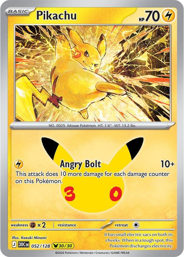 Pikachu 052/128 Pikachu 30/30 Anniversary Holo 30th Celebration Pokemon Card
