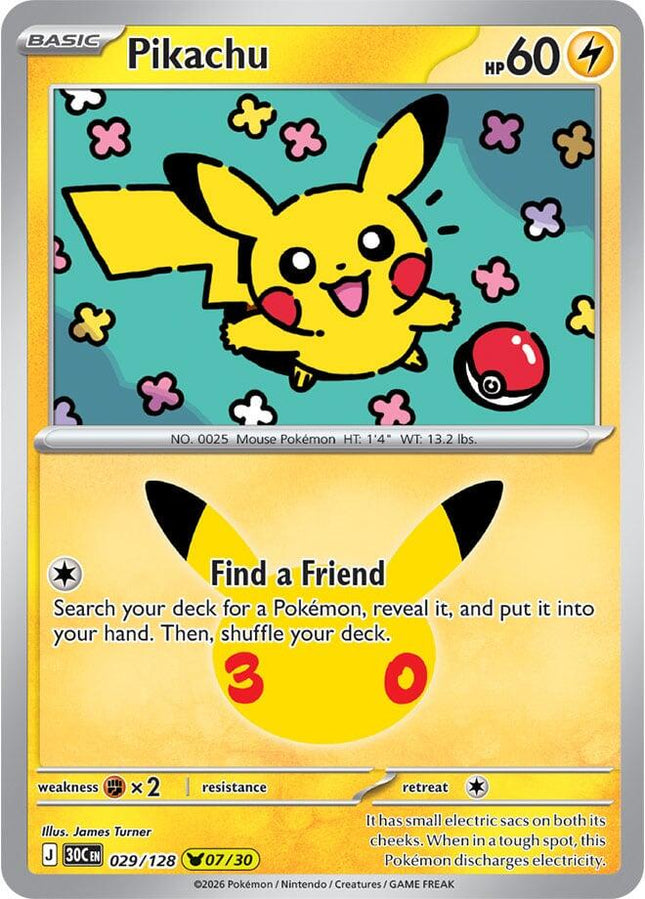 Pikachu 029/128 Pikachu 07/30 Anniversary Holo 30th Celebration Pokemon Card