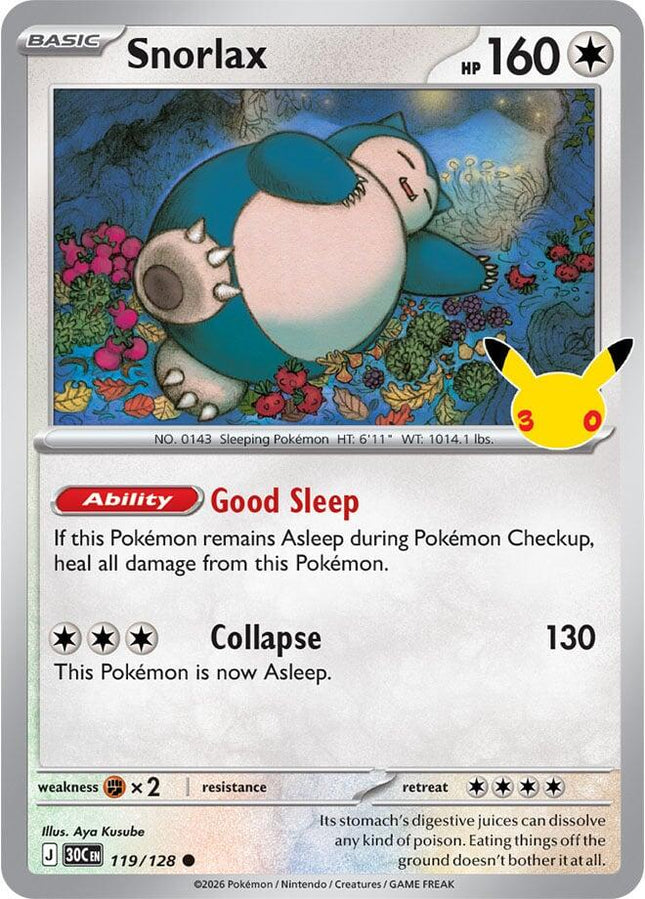 Snorlax 119/128 Anniversary Holo 30th Celebration Pokemon Card