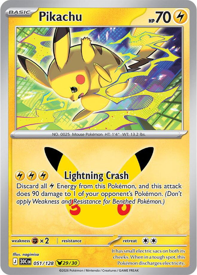 Pikachu 051/128 Pikachu 29/30 Anniversary Holo 30th Celebration Pokemon Card