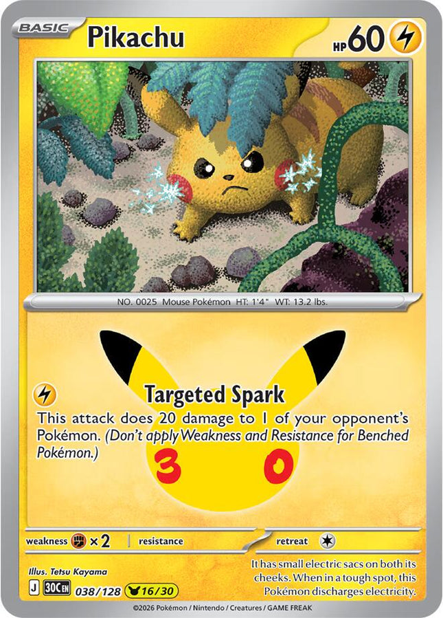 Pikachu 038/128 Pikachu 16/30 Anniversary Holo 30th Celebration Pokemon Card