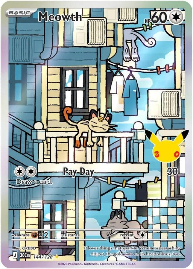 Meowth 144/128 Illustration Rare 30th Celebration Pokemon Card
