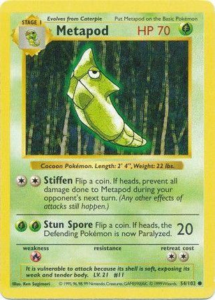 Metapod 54/102 Common Base Set Shadowless Pokemon Card