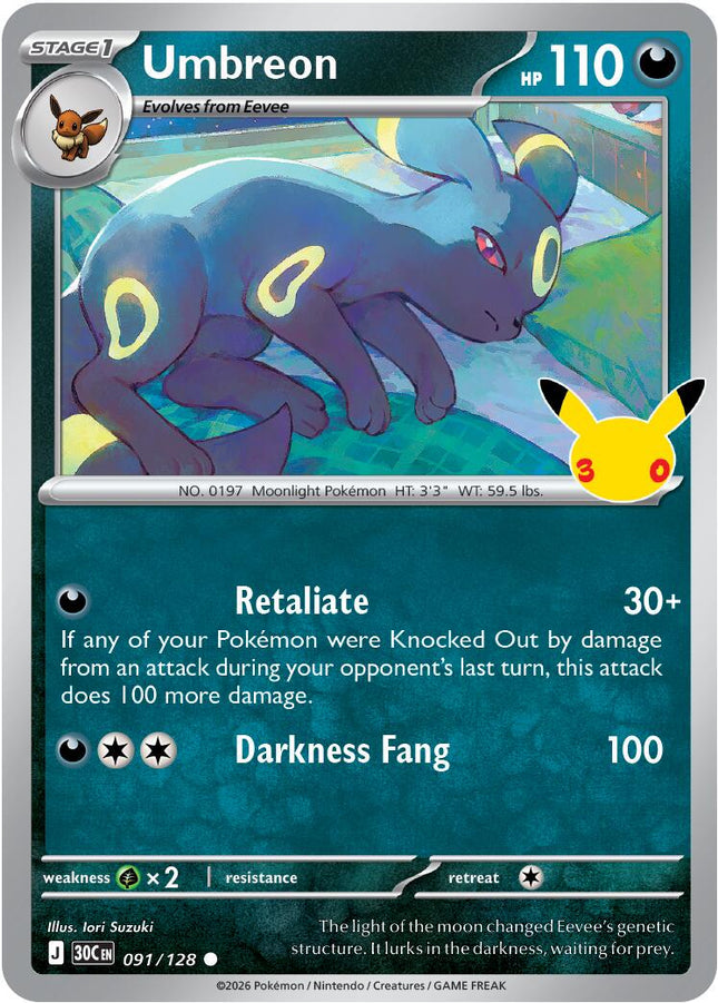 Umbreon 091/128 Anniversary Holo 30th Celebration Pokemon Card