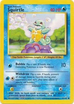 Squirtle 63/102 Common Base Set Unlimited Pokemon Card