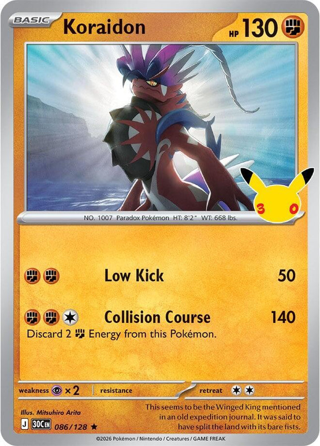 Koraidon 086/128 Anniversary Holo 30th Celebration Pokemon Card