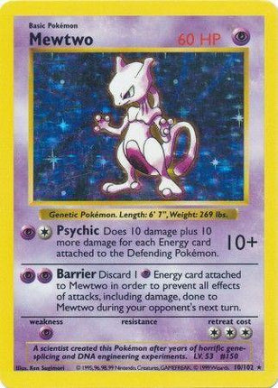 Mewtwo 10/102 Holo Rare Base Set Shadowless Pokemon Card