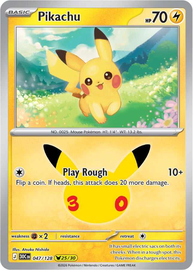 Pikachu 047/128 Pikachu 25/30 Anniversary Holo 30th Celebration Pokemon Card