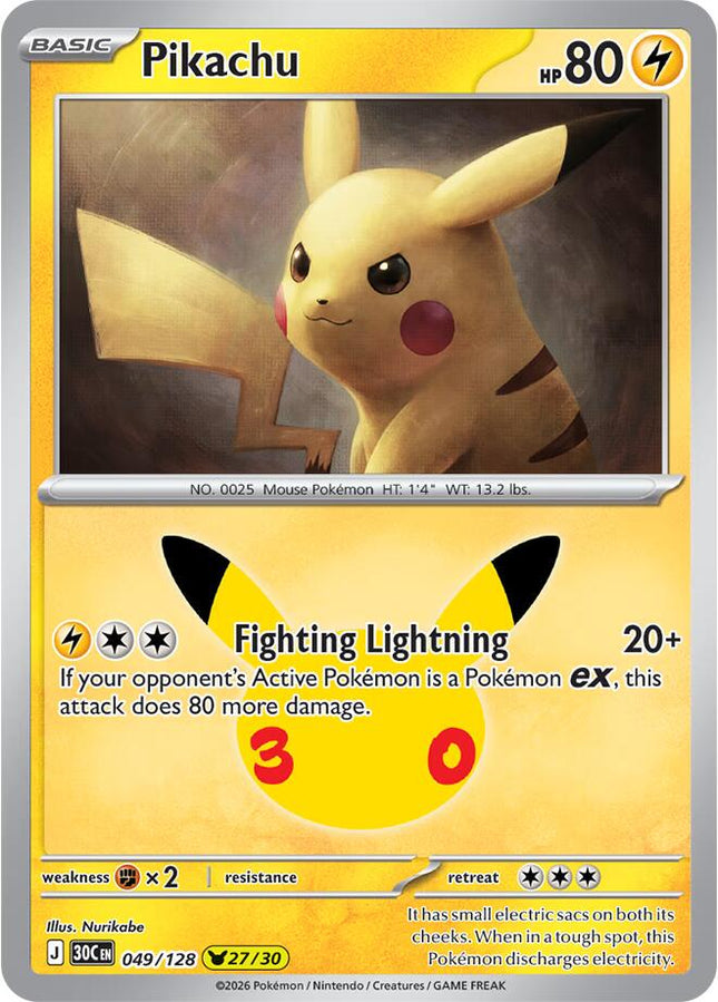 Pikachu 049/128 Pikachu 27/30 Anniversary Holo 30th Celebration Pokemon Card