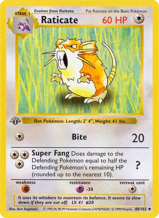 Raticate 40/102 Uncommon Base Set 1st Edition Pokemon Card