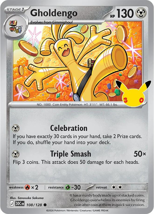 Gholdengo 108/128 Anniversary Holo 30th Celebration Pokemon Card