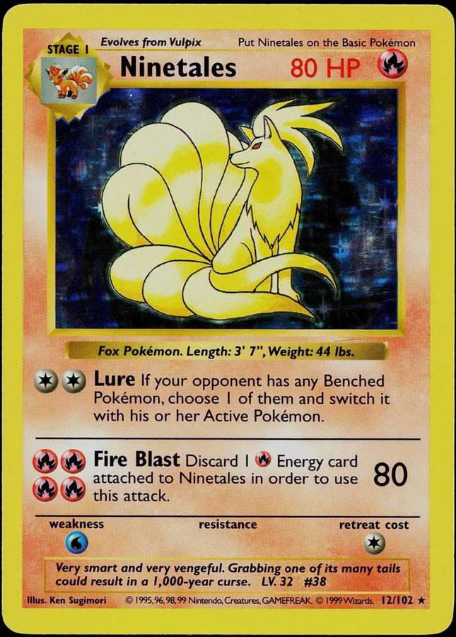 Ninetales 12/102 Holo Rare Base Set Shadowless Pokemon Card