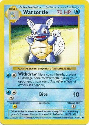 Wartortle 42/102 Uncommon Base Set Shadowless Pokemon Card