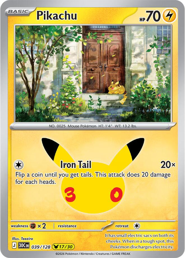 Pikachu 039/128 Pikachu 17/30 Anniversary Holo 30th Celebration Pokemon Card