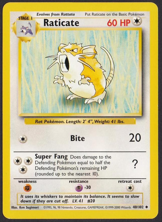 Raticate 40/102 Uncommon Base Set 4th Print 1999–2000 Pokemon Card