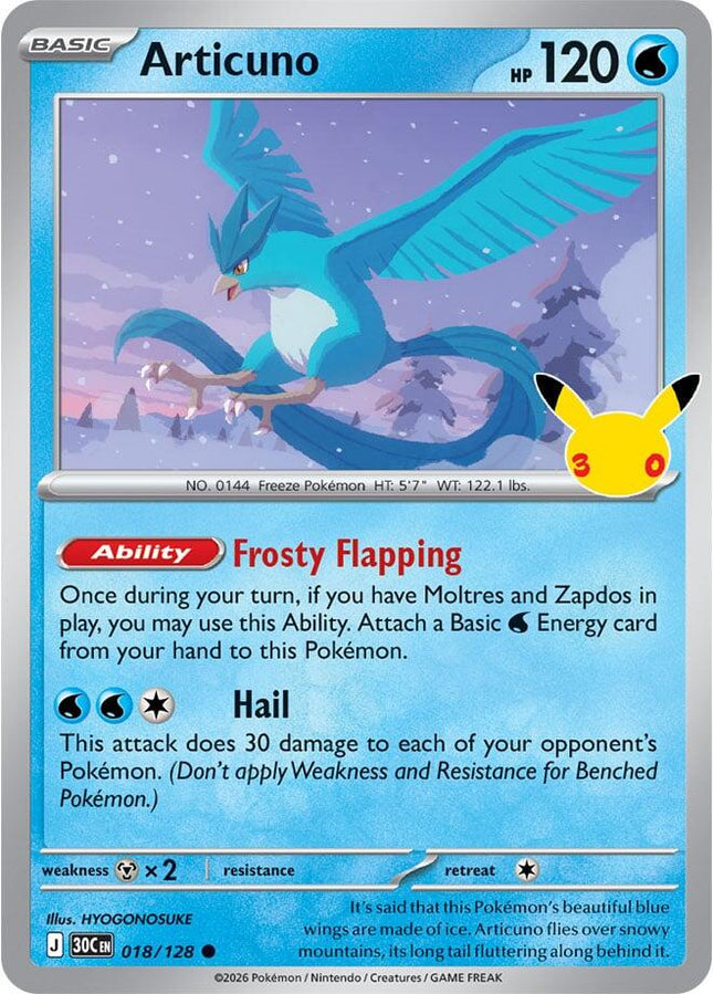 Articuno 018/128 Anniversary Holo 30th Celebration Pokemon Card