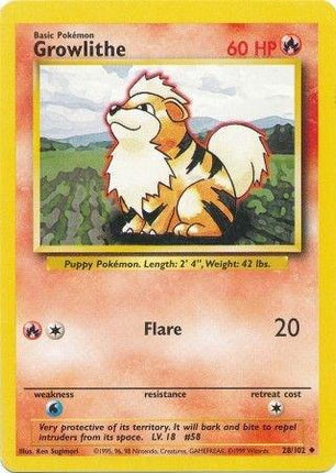 Growlithe 28/102 Uncommon Base Set Unlimited Pokemon Card
