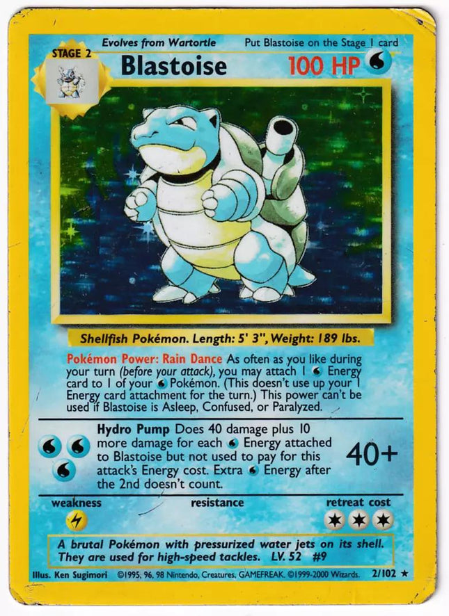 Blastoise 2/102 Holo Rare Base Set 4th Print 1999–2000 Pokemon Card