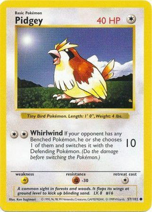 Pidgey 57/102 Common Base Set Shadowless Pokemon Card