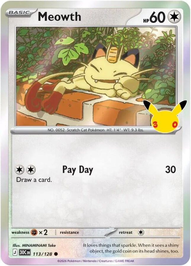 Meowth 113/128 Anniversary Holo 30th Celebration Pokemon Card
