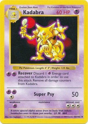 Kadabra 32/102 Uncommon Base Set Shadowless Pokemon Card
