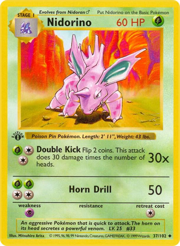 Nidorino 37/102 Uncommon Base Set 1st Edition Pokemon Card