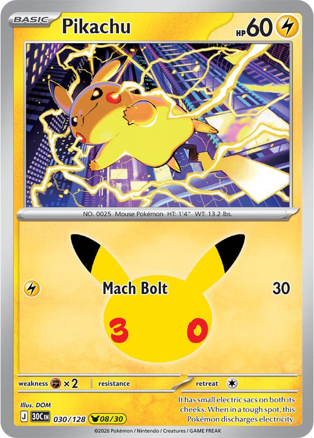 Pikachu 030/128 Pikachu 08/30 Anniversary Holo 30th Celebration Pokemon Card