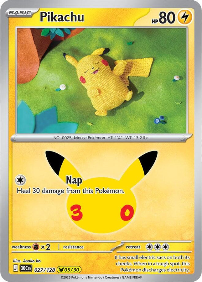 Pikachu 027/128 Pikachu 05/30 Anniversary Holo 30th Celebration Pokemon Card