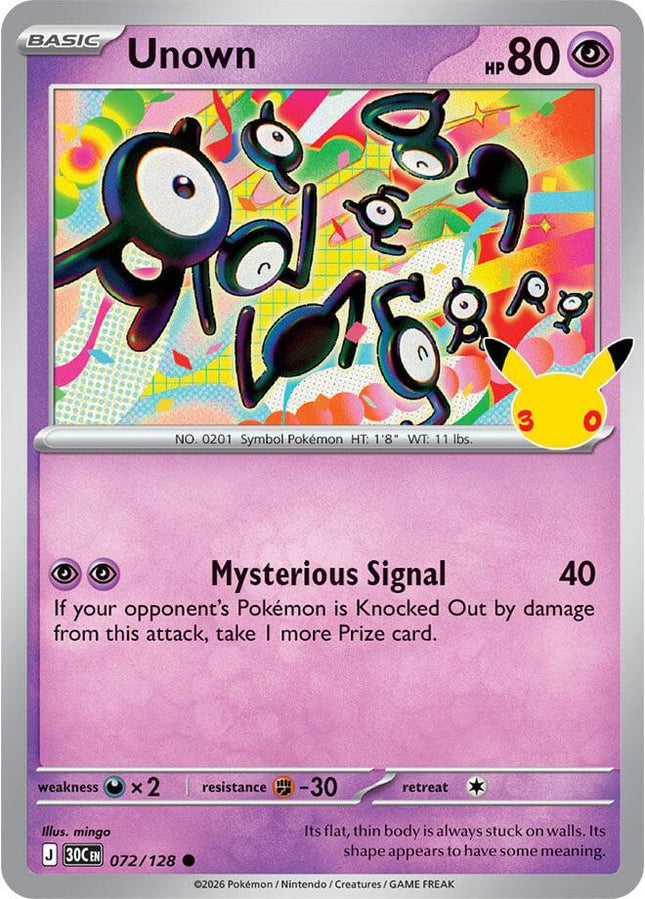Unown 072/128 Anniversary Holo 30th Celebration Pokemon Card