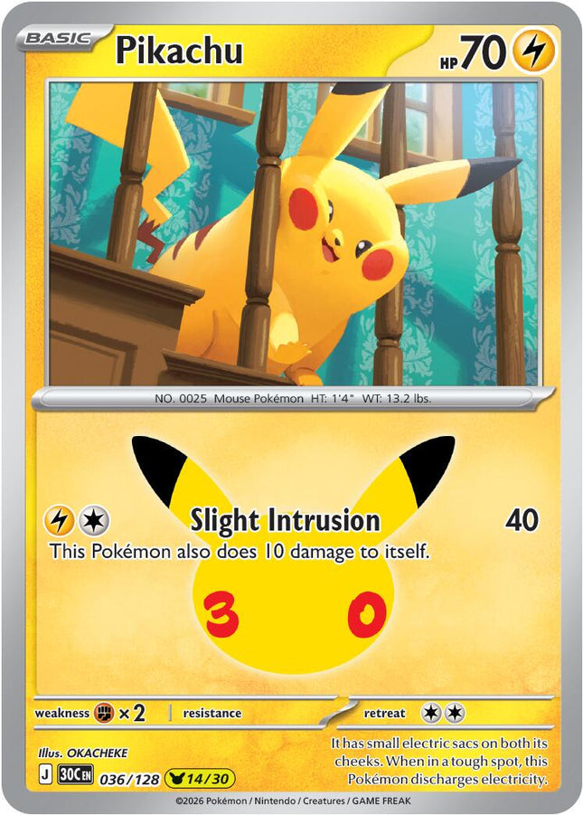Pikachu 036/128 Pikachu 14/30 Anniversary Holo 30th Celebration Pokemon Card
