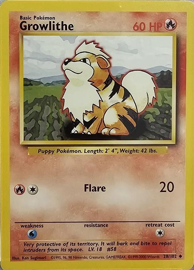Growlithe 28/102 Uncommon Base Set 4th Print 1999–2000 Pokemon Card