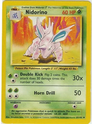 Nidorino 37/102 Uncommon Base Set 4th Print 1999–2000 Pokemon Card