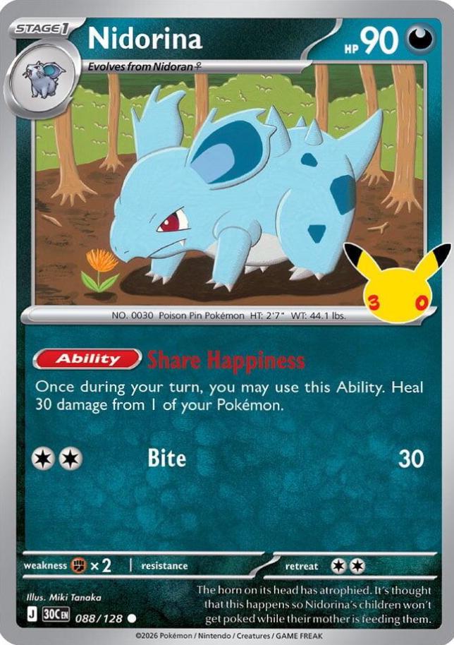 Nidorina 088/128 Anniversary Holo 30th Celebration Pokemon Card