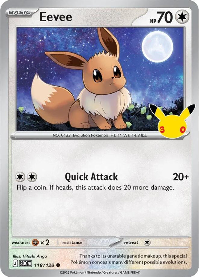 Eevee 118/128 Anniversary Holo 30th Celebration Pokemon Card