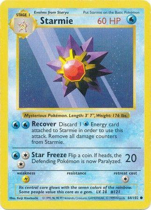 Starmie 64/102 Common Base Set Shadowless Pokemon Card