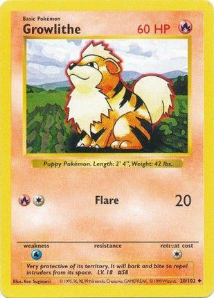 Growlithe 28/102 Uncommon Base Set Shadowless Pokemon Card