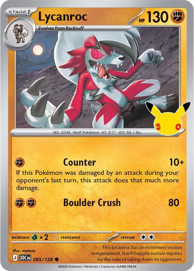 Lycanroc 085/128 Anniversary Holo 30th Celebration Pokemon Card