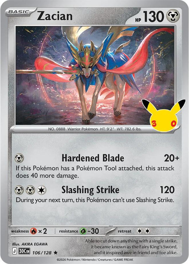 Zacian 106/128 Anniversary Holo 30th Celebration Pokemon Card