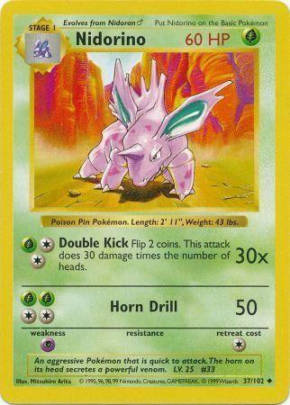 Nidorino 37/102 Uncommon Base Set Shadowless Pokemon Card