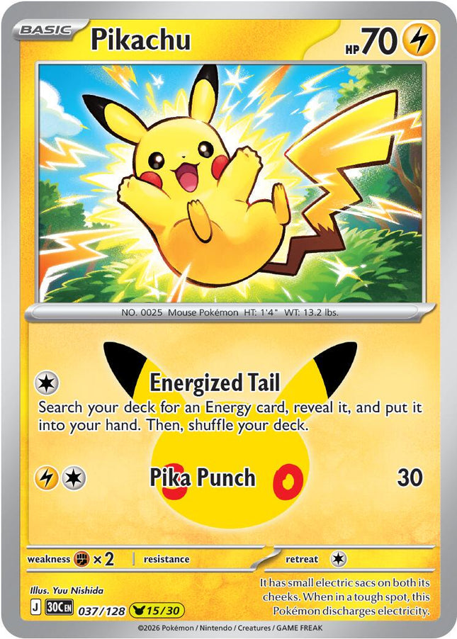 Pikachu 037/128 Pikachu 15/30 Anniversary Holo 30th Celebration Pokemon Card