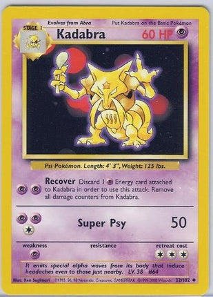 Kadabra 32/102 Uncommon Base Set 4th Print 1999–2000 Pokemon Card