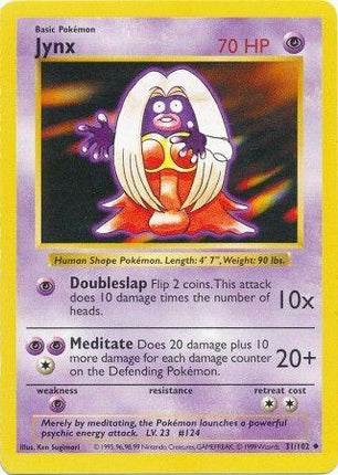 Jynx 31/102 Uncommon Base Set Shadowless Pokemon Card