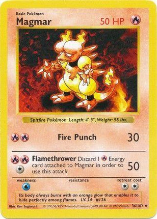 Magmar 36/102 Uncommon Base Set Shadowless Pokemon Card