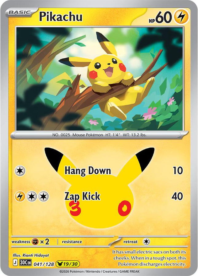 Pikachu 041/128 Pikachu 19/30 Anniversary Holo 30th Celebration Pokemon Card