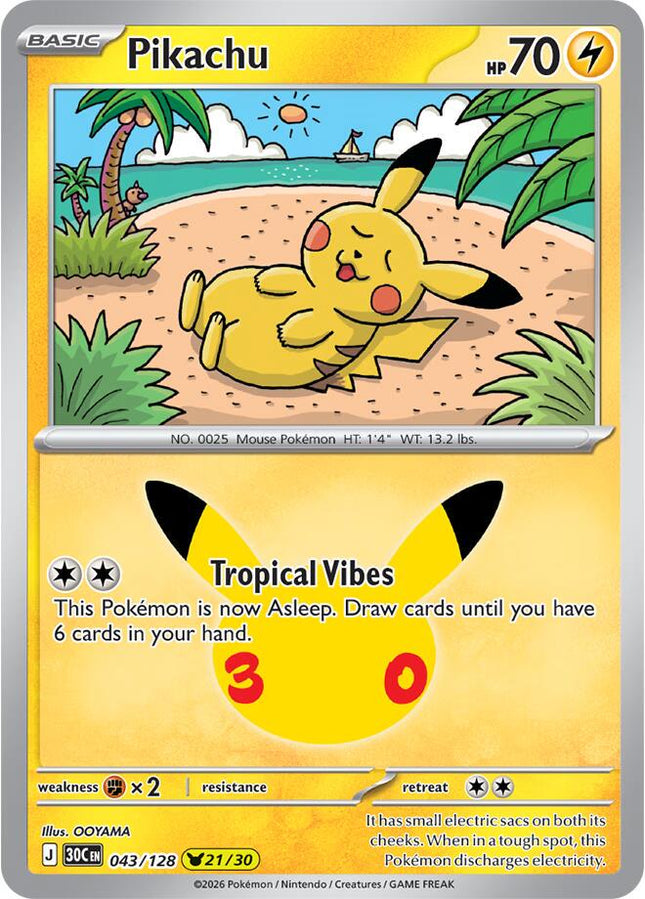 Pikachu 043/128 Pikachu 21/30 Anniversary Holo 30th Celebration Pokemon Card