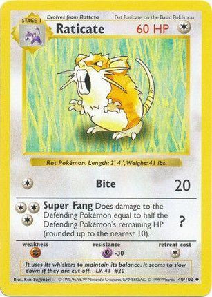 Raticate 40/102 Uncommon Base Set Shadowless Pokemon Card